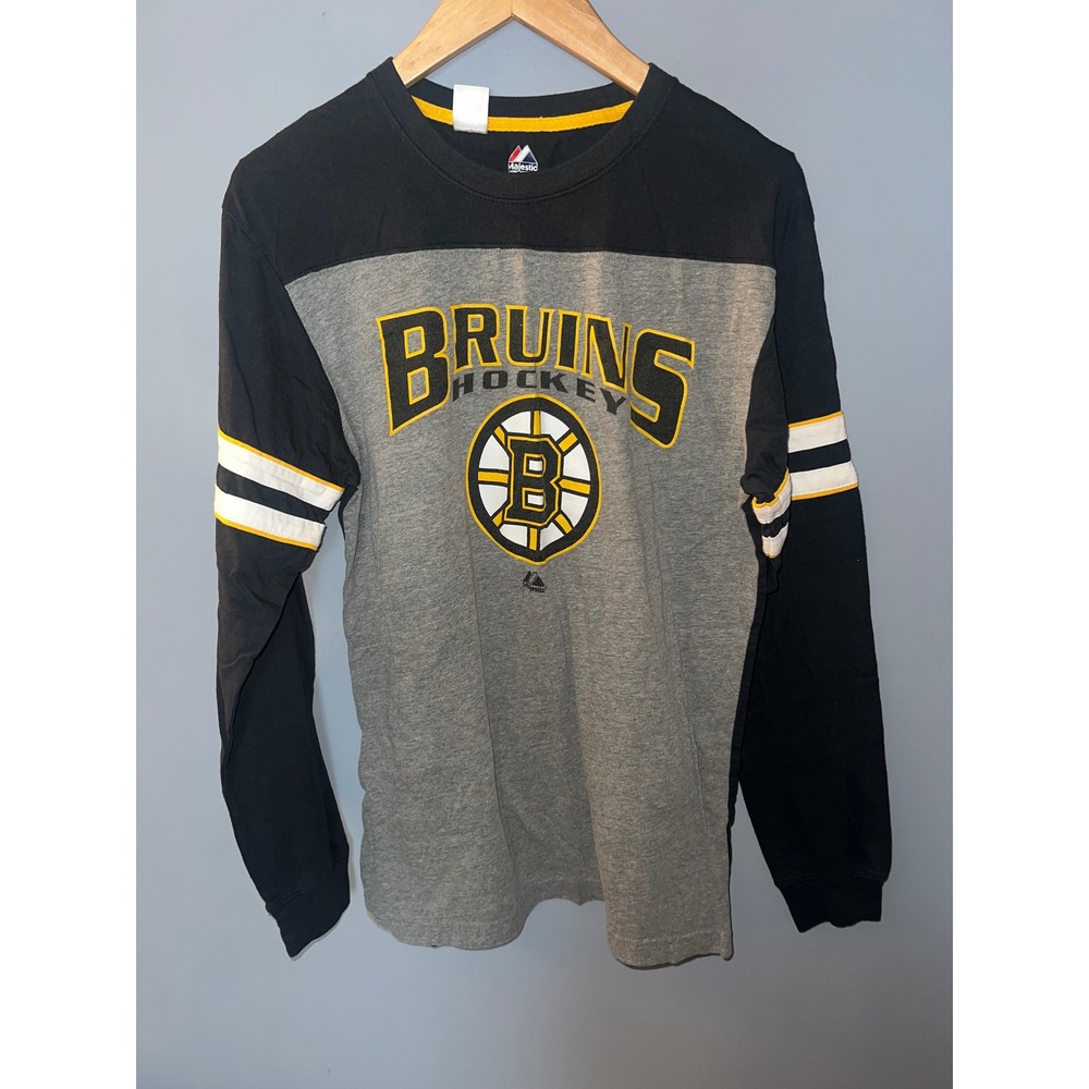 Majestic Boston Bruins NHL Hockey Long Sleeve Shirt Mens Medium Black Grey Logo